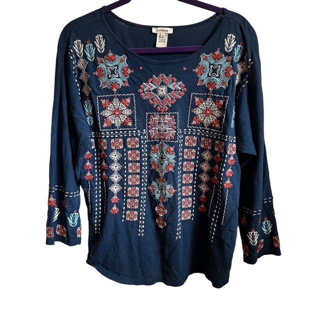Sundance embroidered tee 3/4 sleeve blue and pink size large